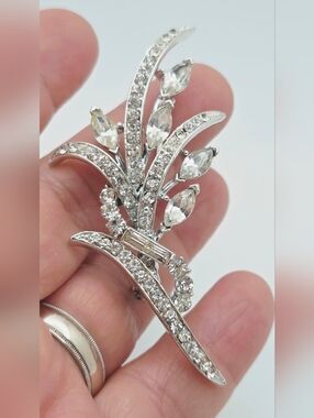 Coro Silver-Tone Clear Crystal Floral Spray Brooch